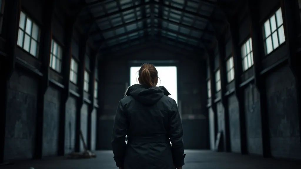 A woman in a heavy work coat in a dim industrial hall, turned away towards a doorway of grey daylight, the dark roof structure above her.