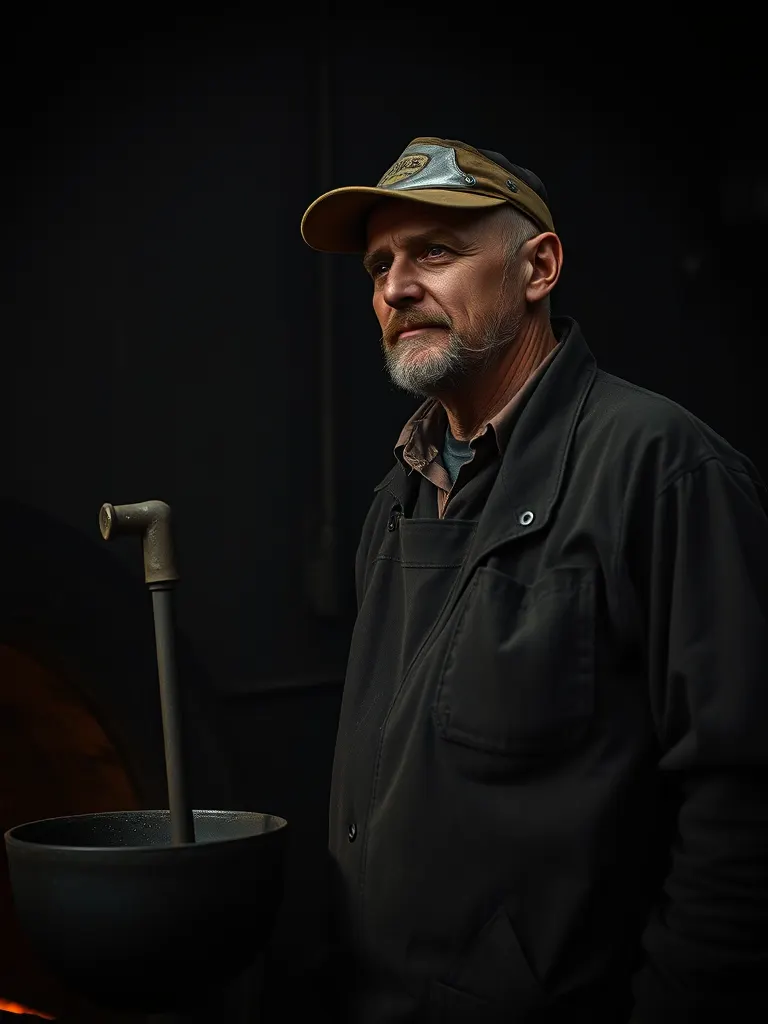 A foundry worker in a visor and heavy apron beside a ladle, the orange glow of the melt on one side of his face.