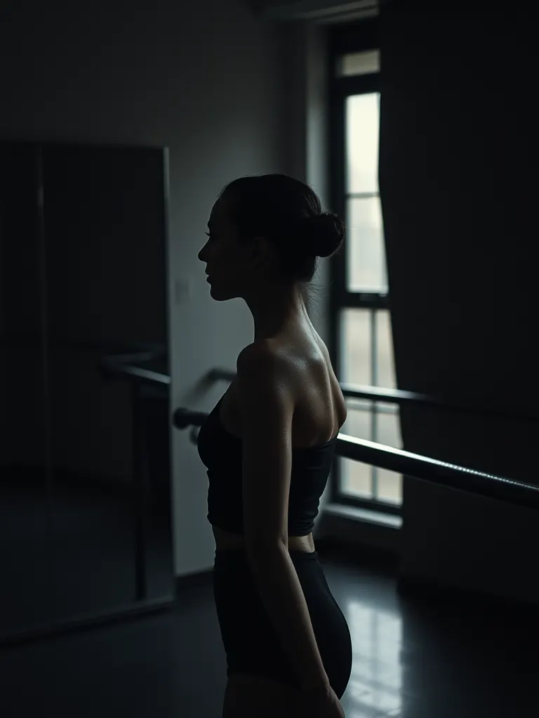 A dancer at the barre of a dim rehearsal room, head turned towards the window, the mirrored wall behind her falling into shadow.