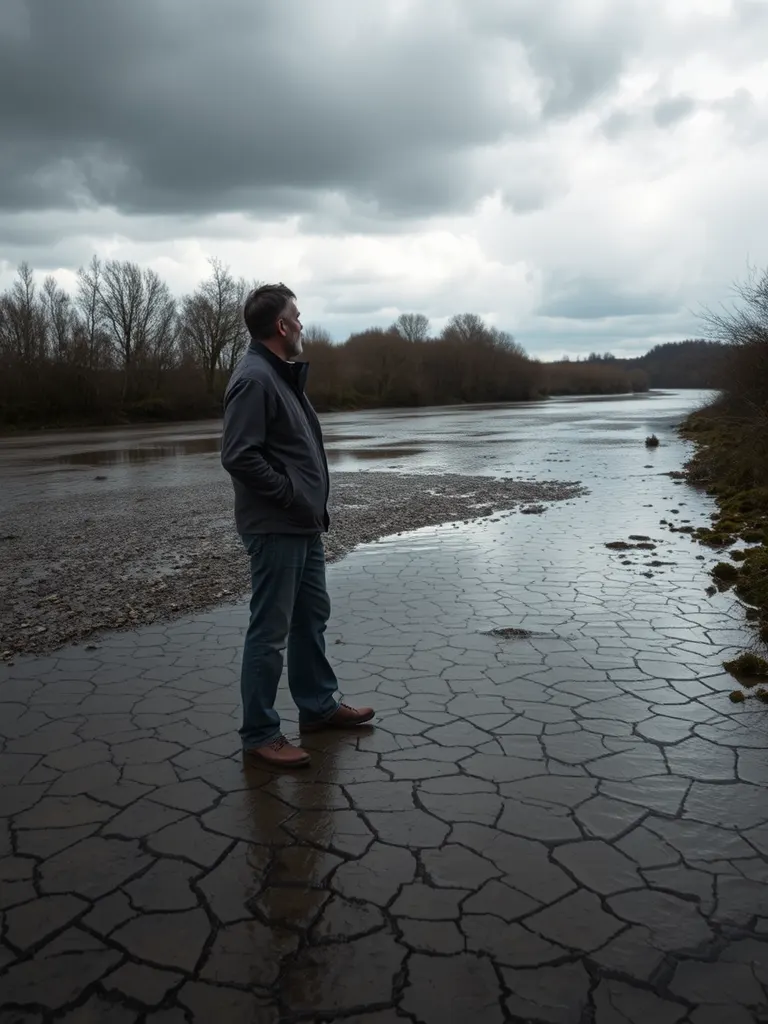 A man standing on cracked mud in the middle of a shrunken river, hands in his pockets, under a heavy grey sky.