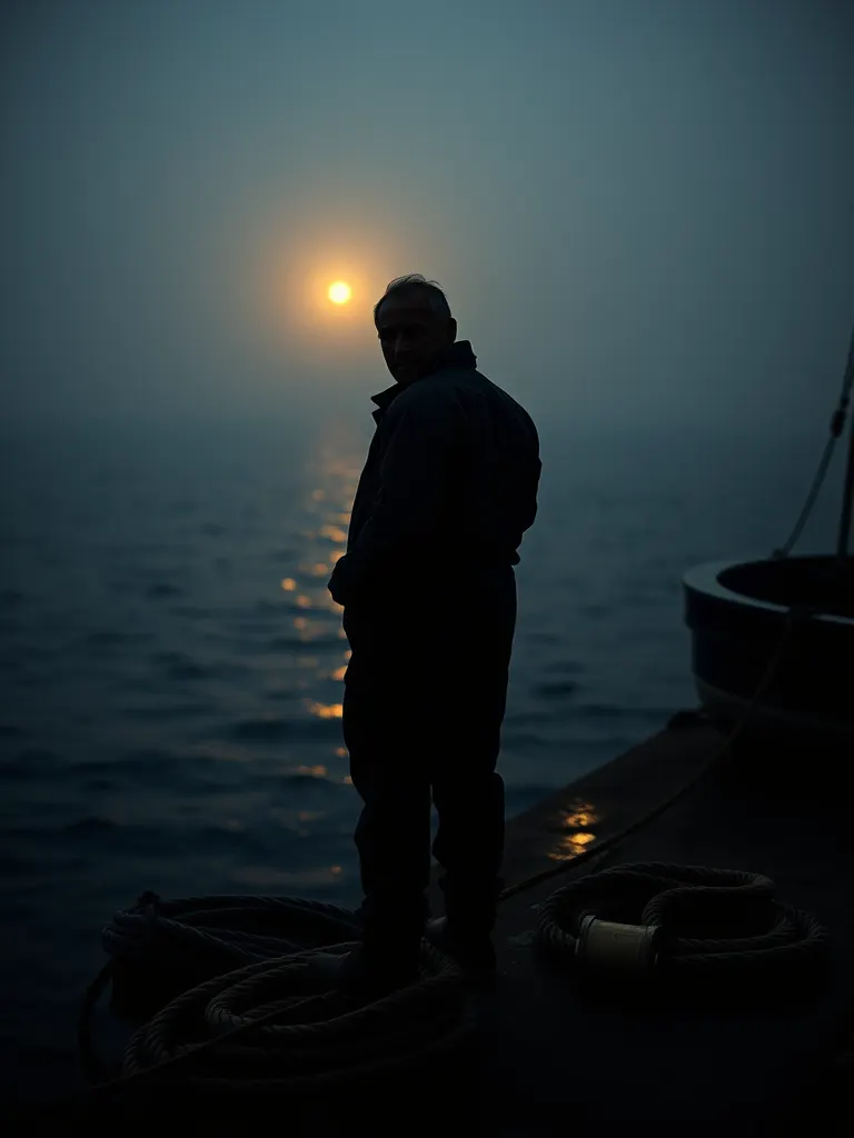 A fisherman in oilskins on a harbour wall before dawn, coiled ropes at his feet, a single lamp behind him.