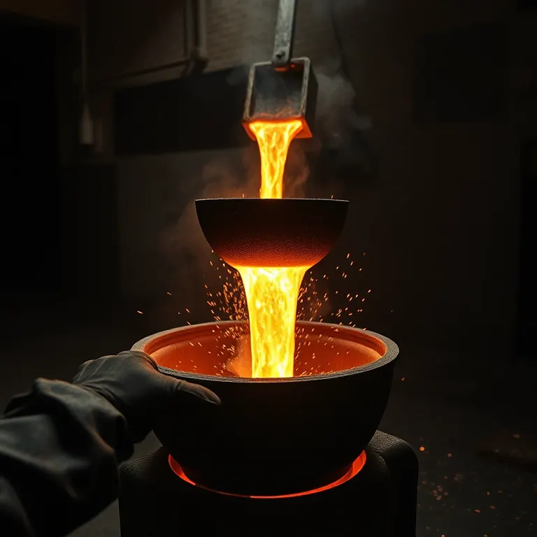Molten metal pouring from a ladle inside a dark foundry, sparks across the floor, a worker's gloved hands at the edge of the frame.
