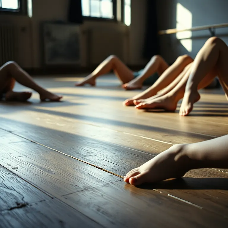 Dancers resting on the floor of a rehearsal room, bare feet and folded legs close to the camera, low window light across the boards.