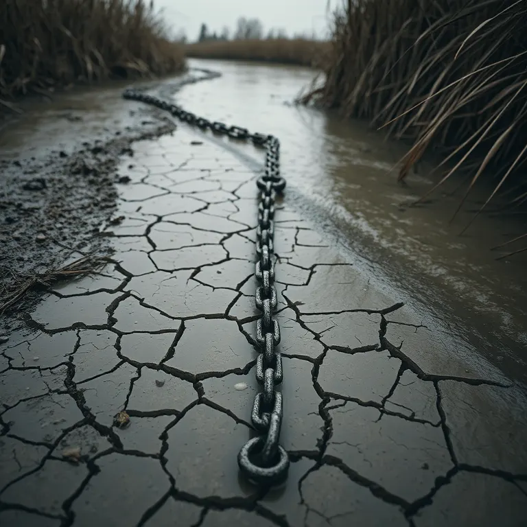 Cracked river mud and a stranded mooring chain where the water has retreated, the shrunken channel winding behind.