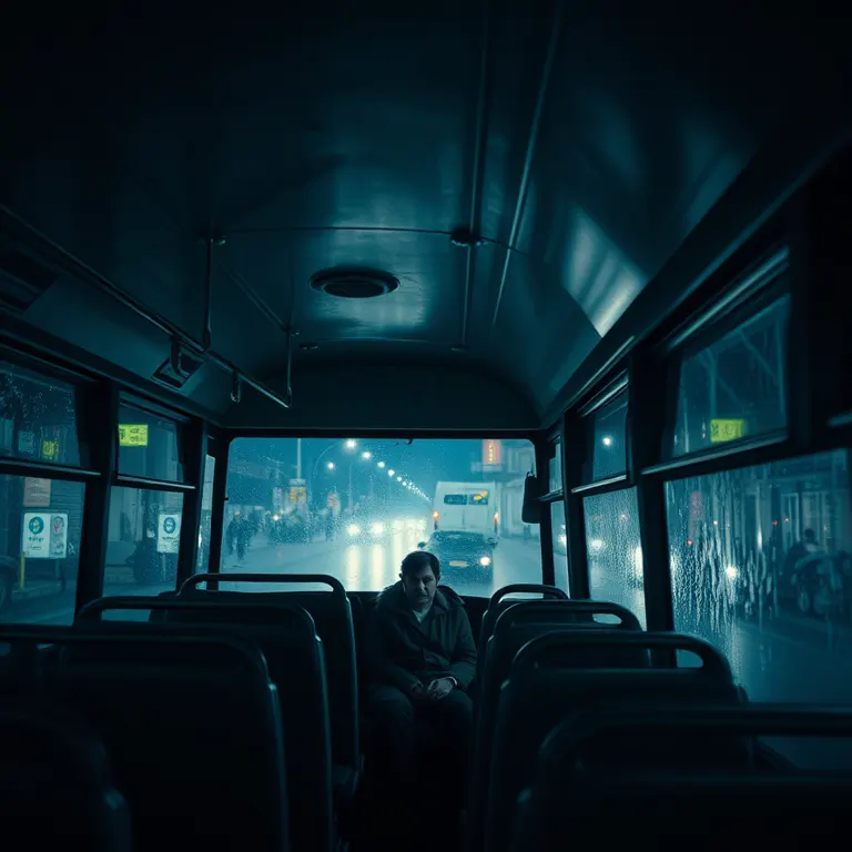 The inside of a night bus with empty seats and rain-streaked windows, one passenger asleep against the glass.