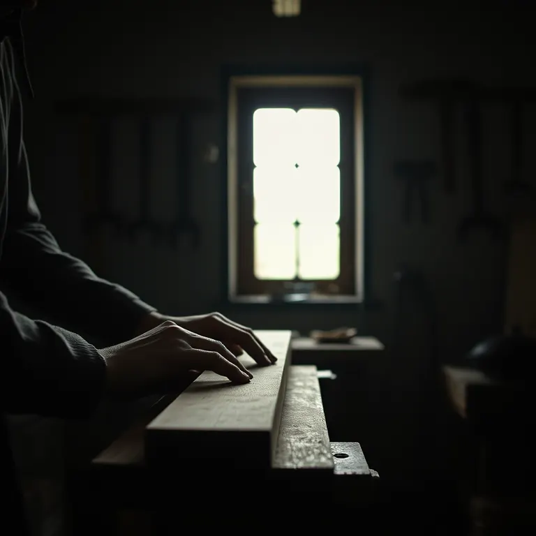 A joiner's hands guiding timber over a bench in a dim workshop, a strip of window light across the work.