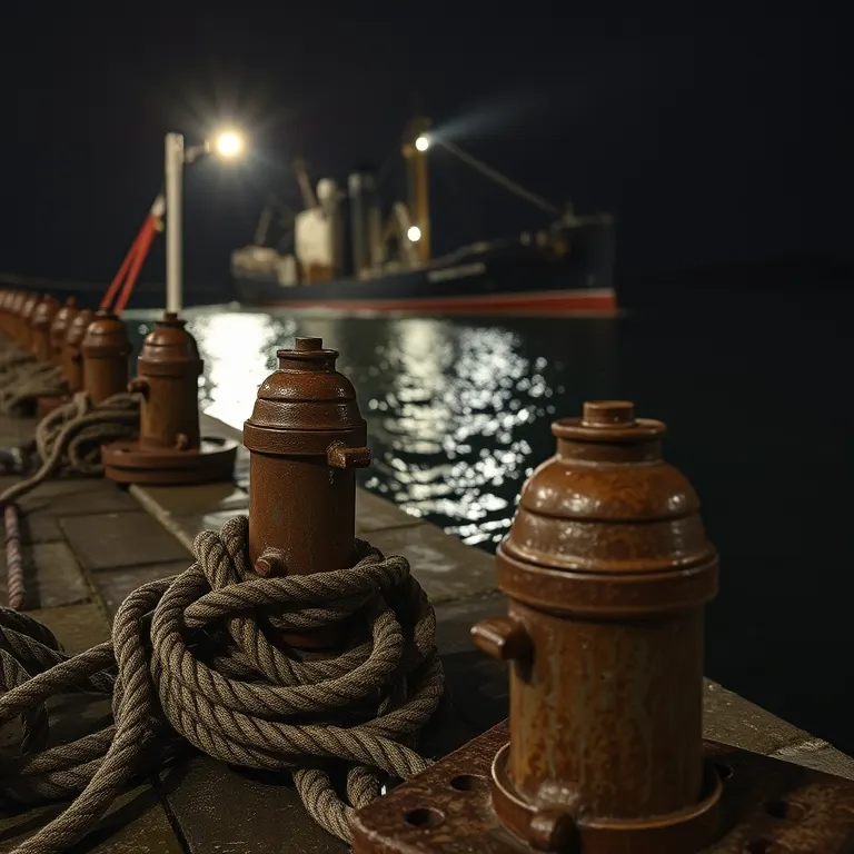 Wet ropes and rusted bollards on a stone quay at night, a trawler's dark hull beyond them under one working lamp.