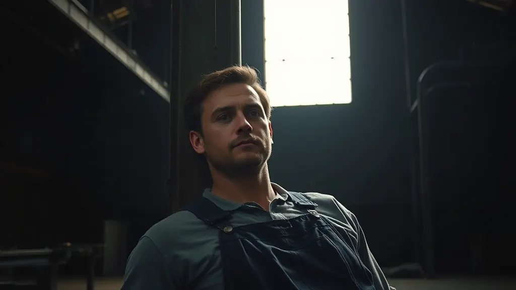 A man in overalls resting against a steel column in a dark workshop, half his face lit by a high window.