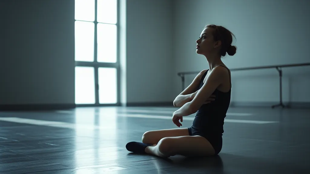 A young dancer sitting on a rehearsal room floor with her arms around her knees, grey light from tall windows crossing the floor.